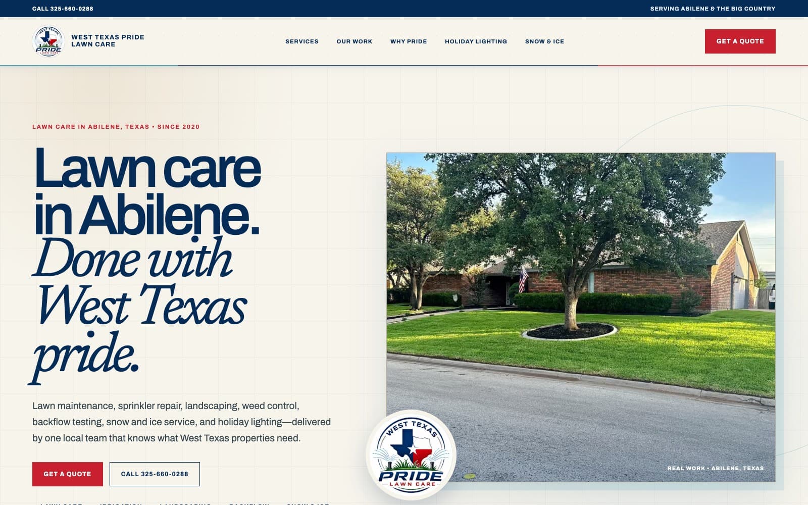 Redesigned West Texas Pride and Lawn Care website, captured in September 2026