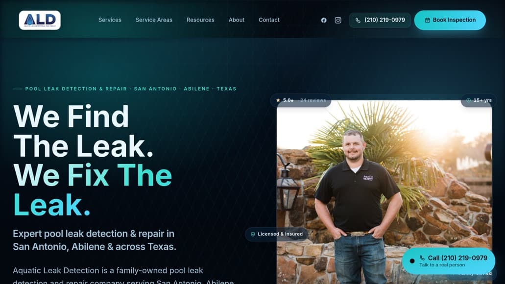 Aquatic Leak Detection website designed by Key City Digital