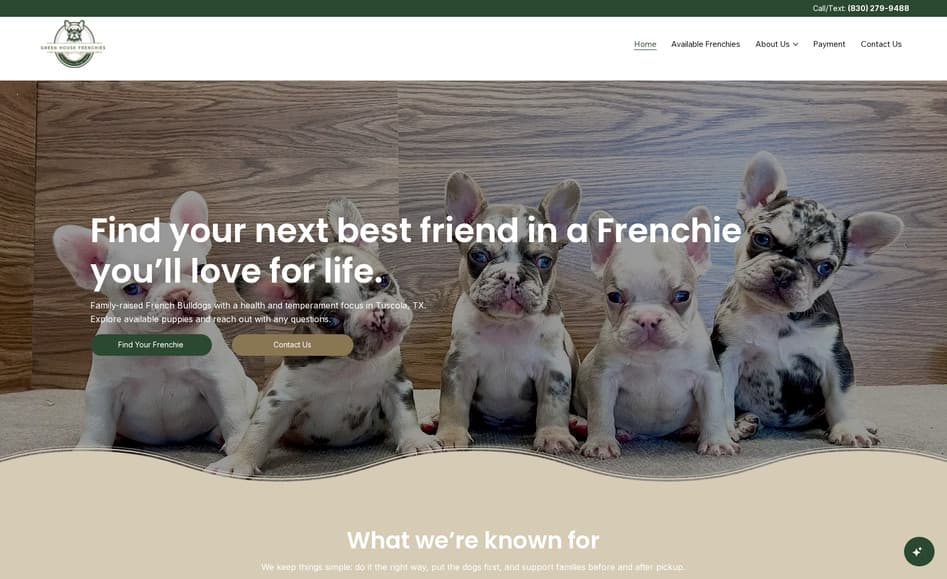 Green House Frenchies — Breeder website design in Texas, built by Key City Digital