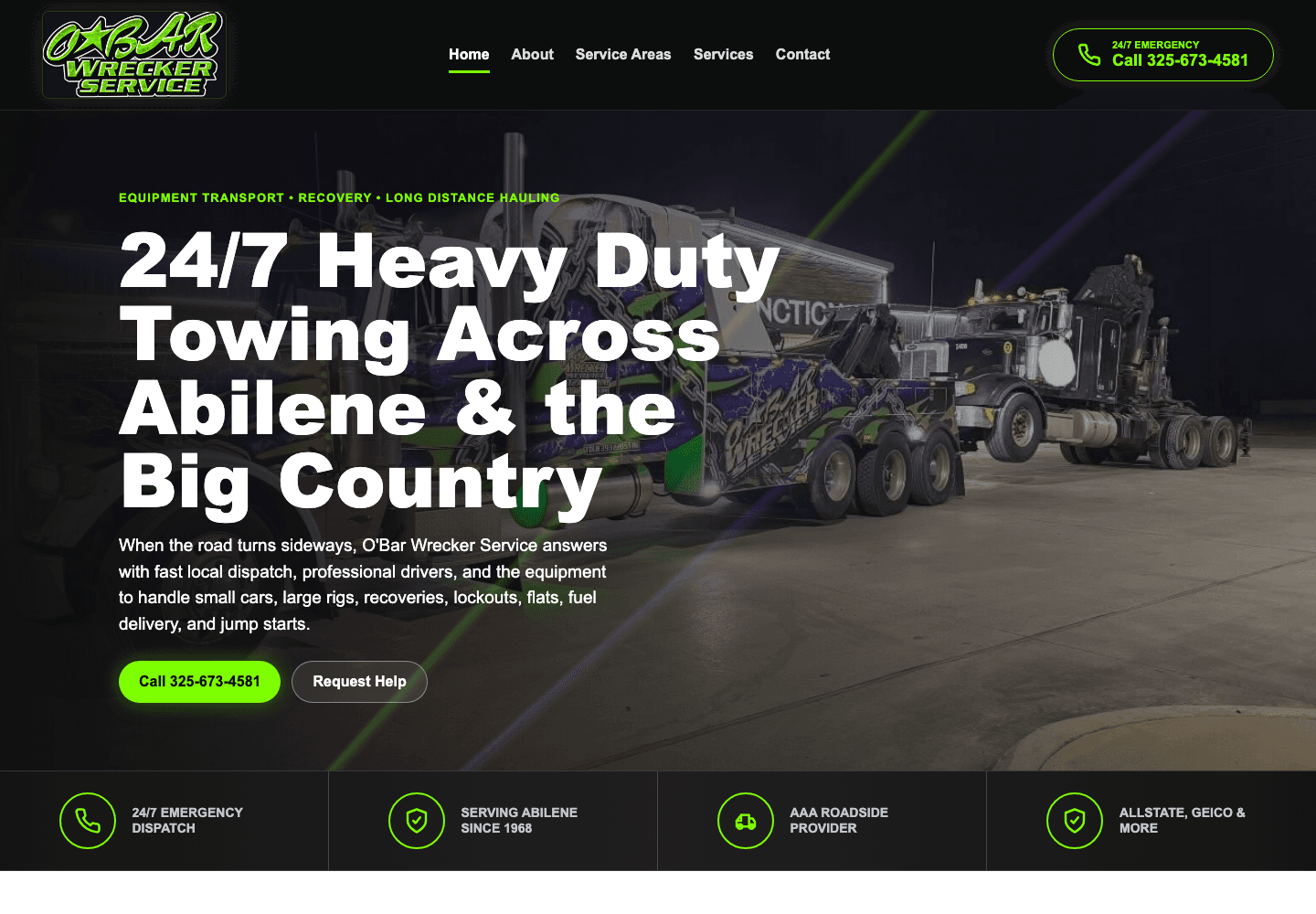 O'Bar Wrecker Service — Towing & Recovery website design in Abilene, TX, built by Key City Digital
